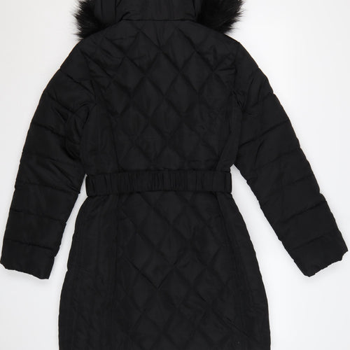 Dorothy Perkins Women Black UK 10 Quilted Belted Faux Fur Hood Puffer Coat