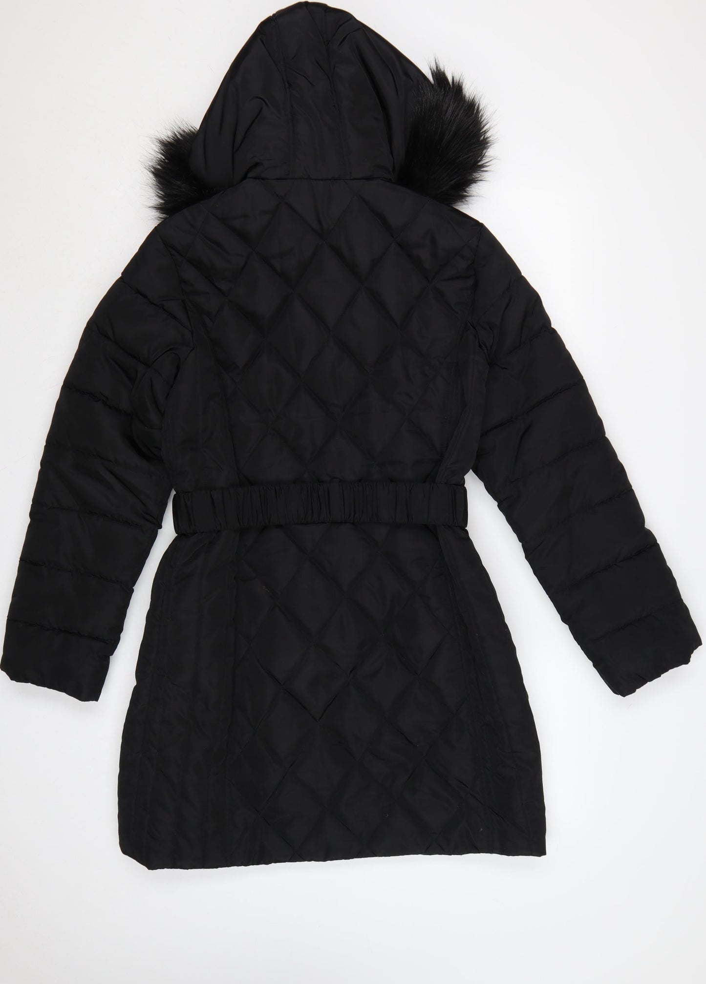 Dorothy Perkins Women Black UK 10 Quilted Belted Faux Fur Hood Puffer Coat