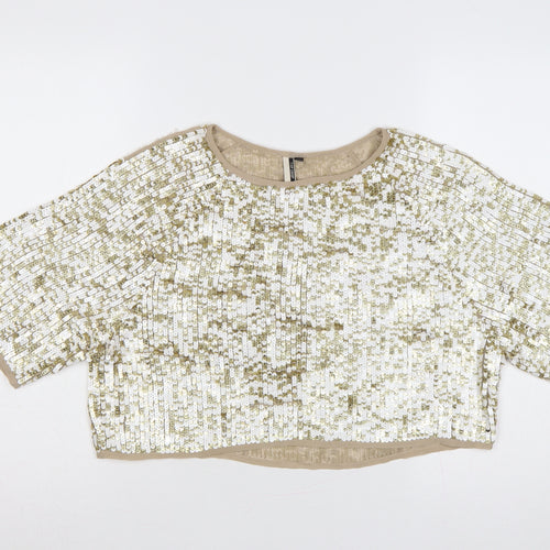 Topshop Women Gold Sequin Cropped Short Sleeve Party Top UK 8