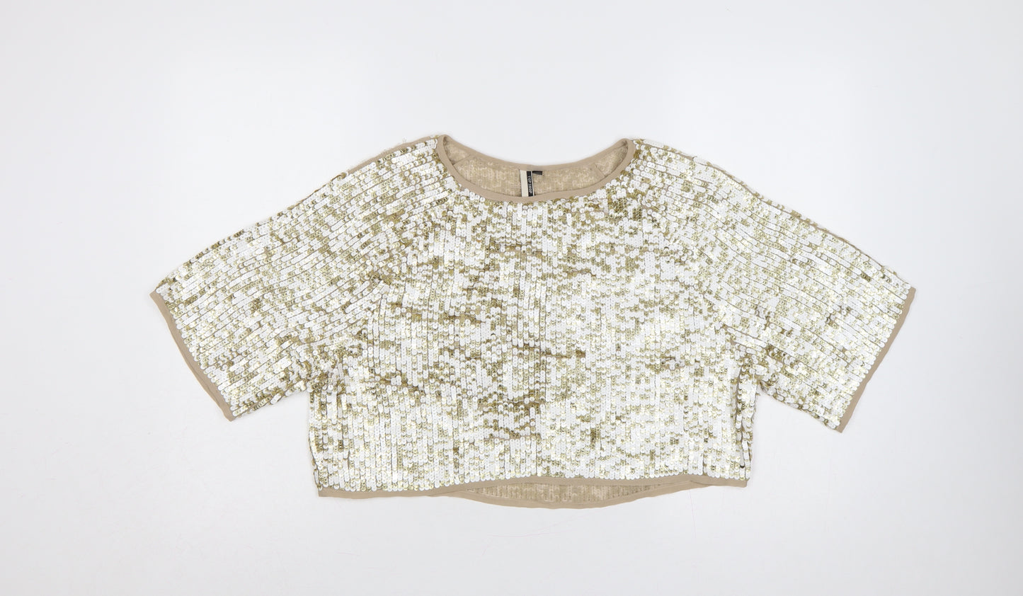 Topshop Women Gold Sequin Cropped Short Sleeve Party Top UK 8