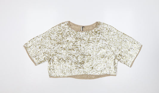 Topshop Women Gold Sequin Cropped Short Sleeve Party Top UK 8