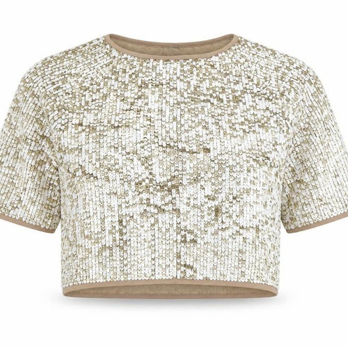 Topshop Women Gold Sequin Cropped Short Sleeve Party Top UK 8