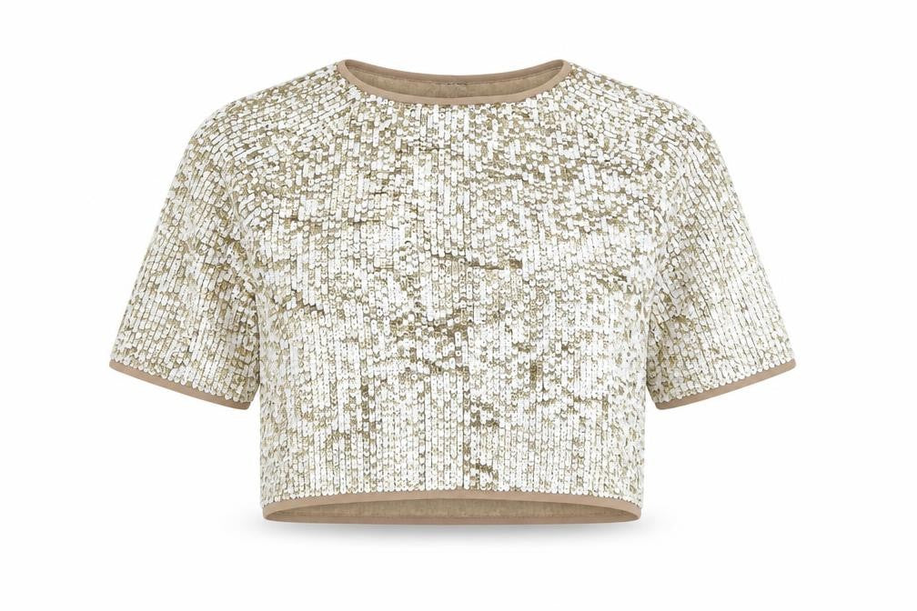 Topshop Women Gold Sequin Cropped Short Sleeve Party Top UK 8