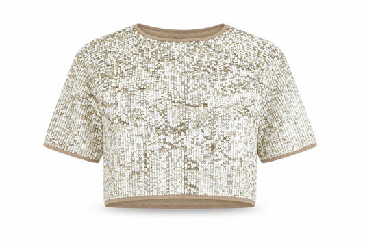 Front view of Topshop Women Gold Sequin Cropped Short Sleeve Party Top UK 8