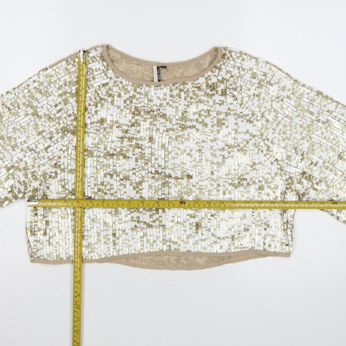 Topshop Women Gold Sequin Cropped Short Sleeve Party Top UK 8