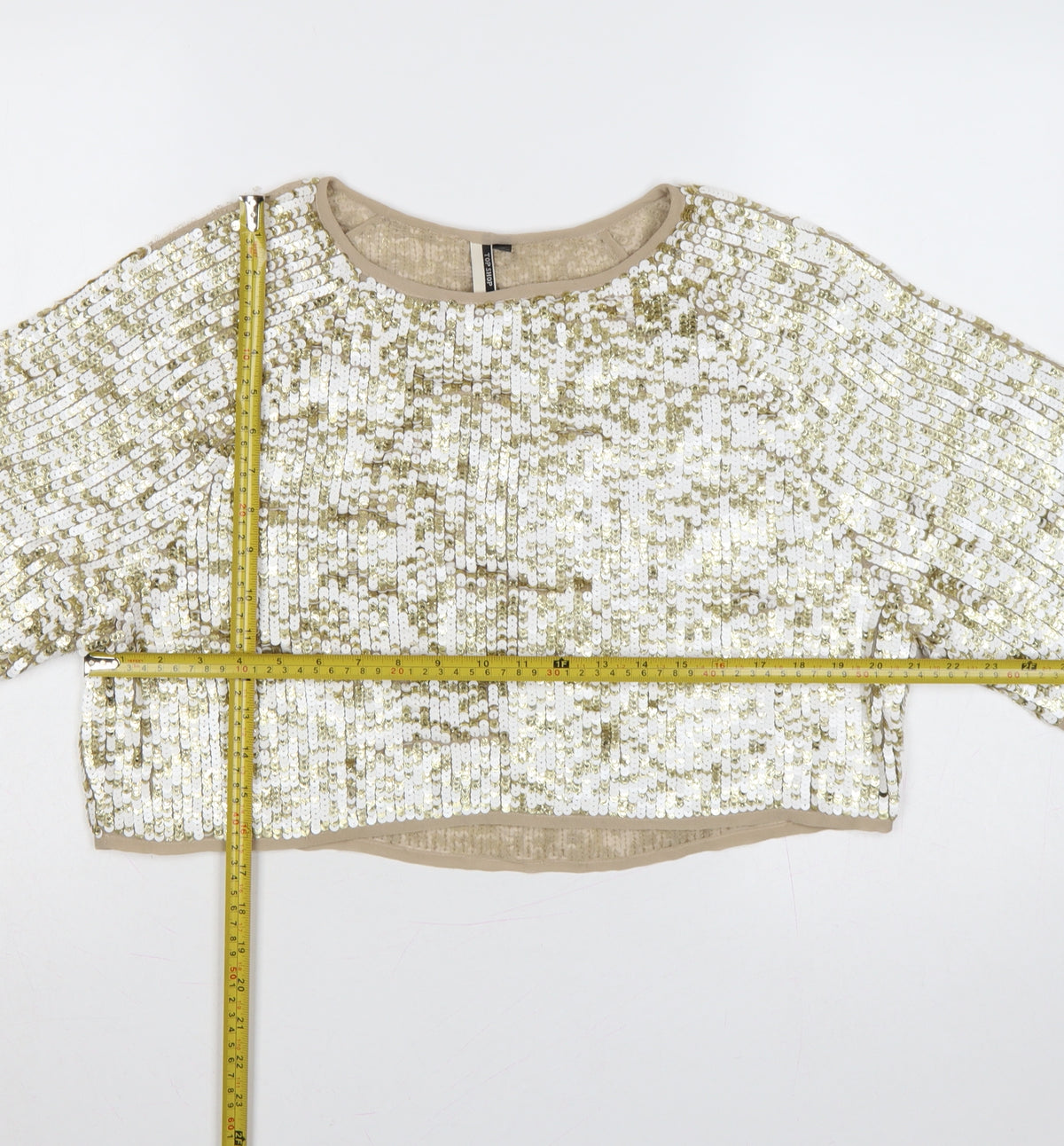 Topshop Women Gold Sequin Cropped Short Sleeve Party Top UK 8