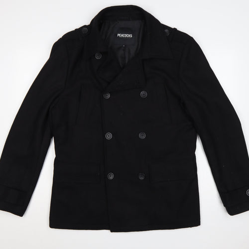 Peacocks Men’s Black M Wool Blend Pea Coat Double Breasted
