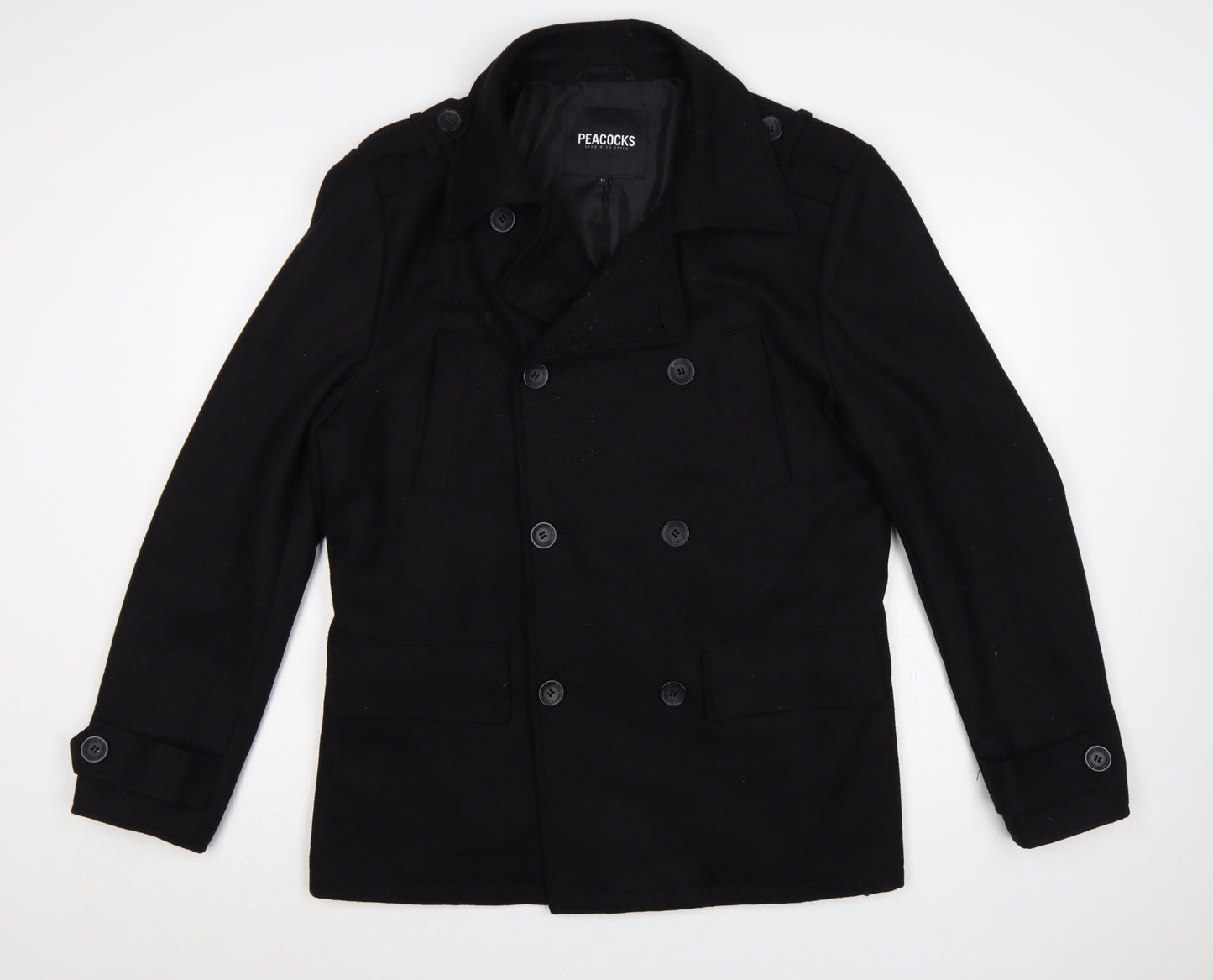 Peacocks Men’s Black M Wool Blend Pea Coat Double Breasted