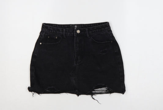 Missguided Women Black UK 8 High Rise Distressed Denim Mini Pencil Skirt