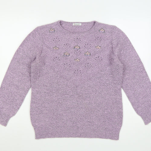 Damart Women Purple UK 16 Floral Embroidered Knit Pullover Jumper