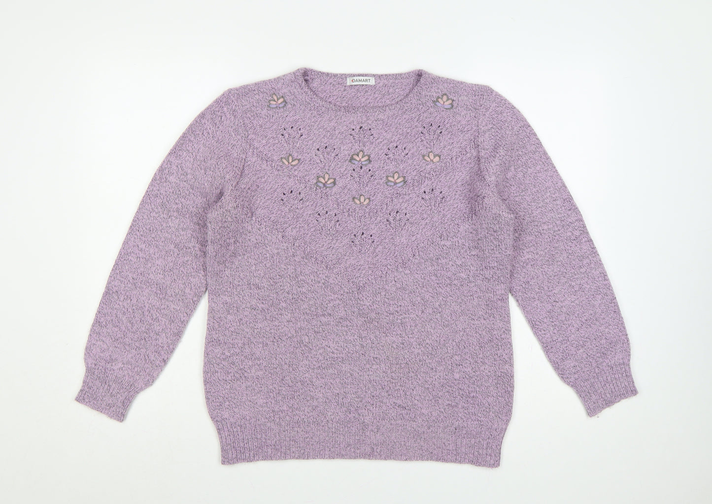 Damart Women Purple UK 16 Floral Embroidered Knit Pullover Jumper