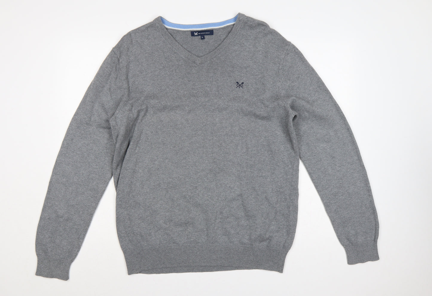 Crew Clothing Company Men’s Grey L Cotton Cashmere V-Neck Pullover Jumper