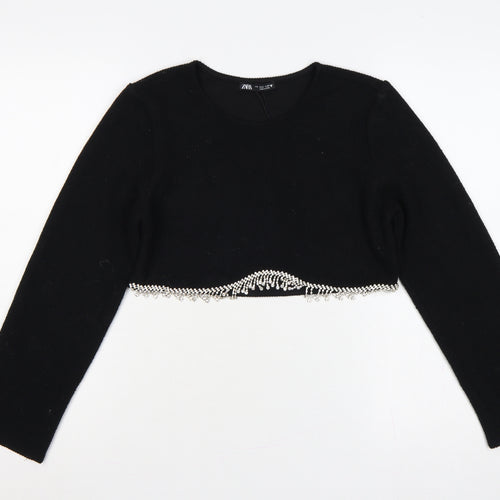 Zara Women Black S Cropped Knit Jumper Silver Beaded Hem Long Sleeve