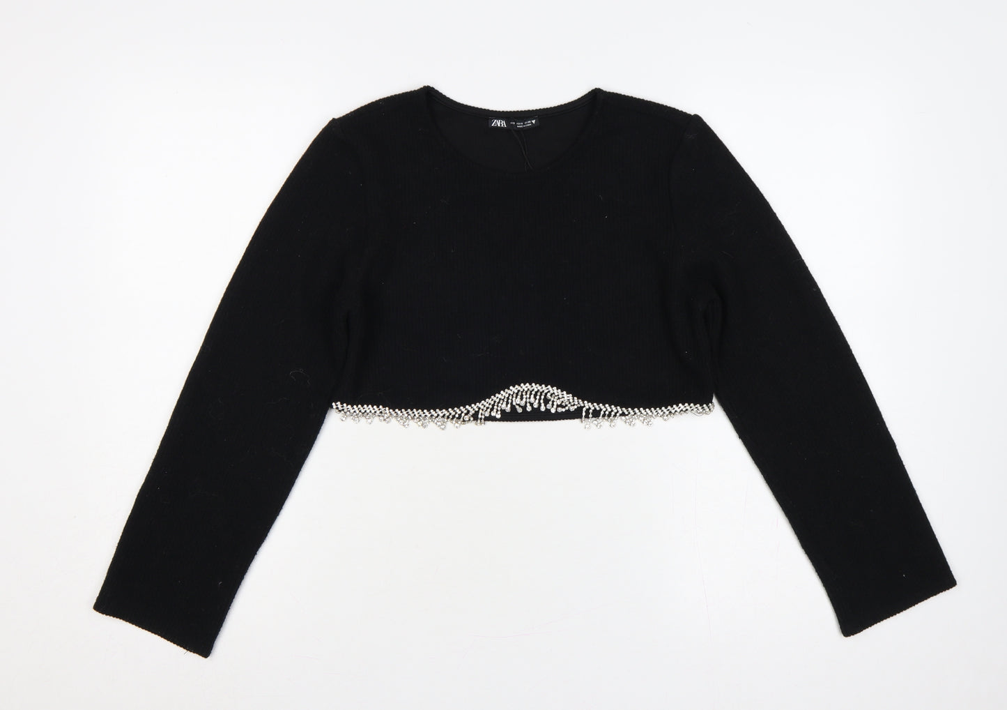 Zara Women Black S Cropped Knit Jumper Silver Beaded Hem Long Sleeve