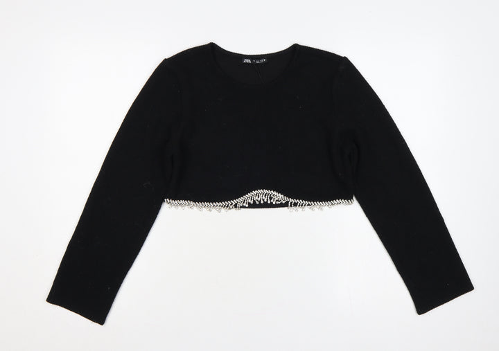 Zara Women Black S Cropped Knit Jumper Silver Beaded Hem Long Sleeve