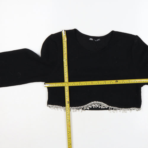 Zara Women Black S Cropped Knit Jumper Silver Beaded Hem Long Sleeve