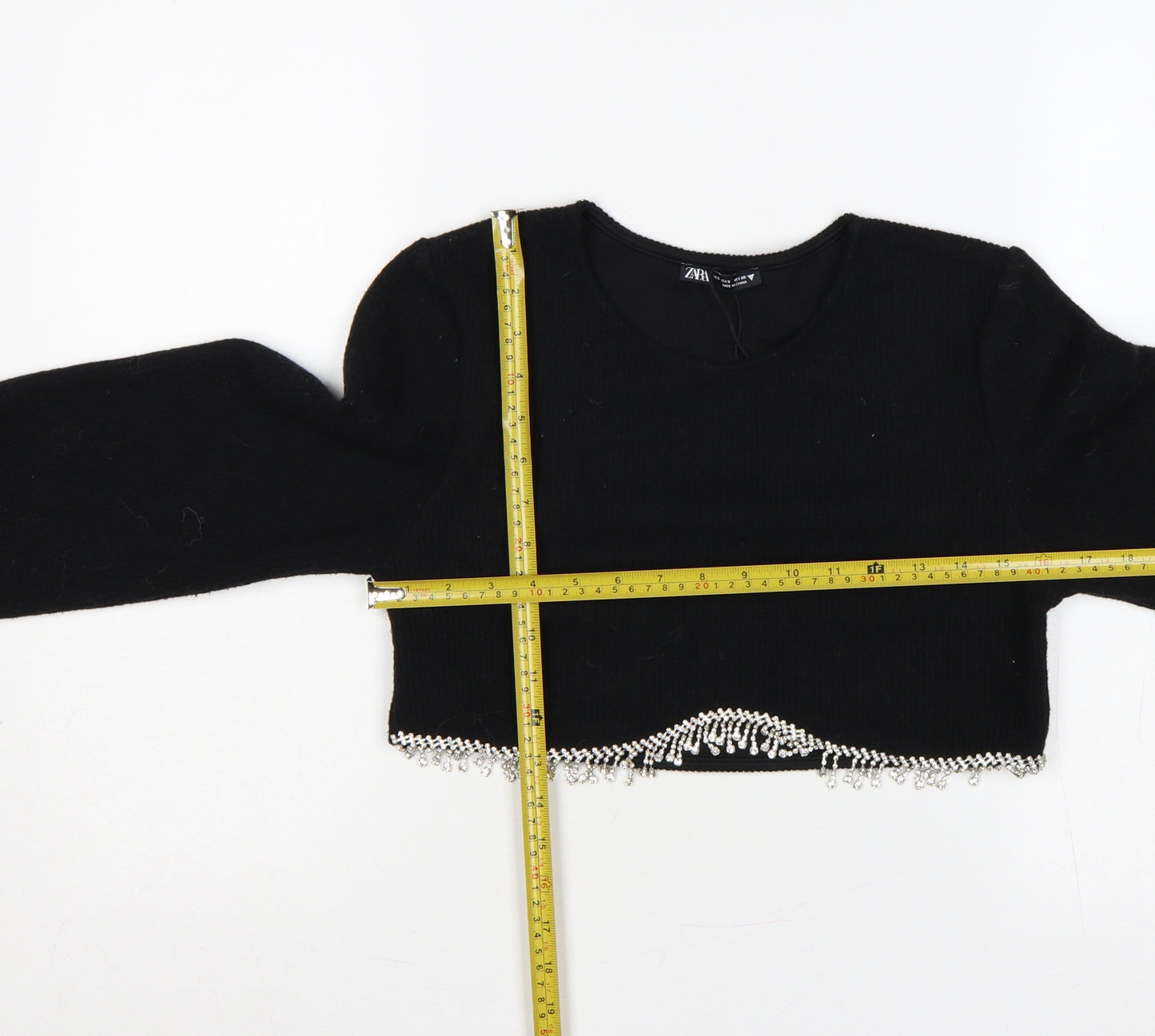 Zara Women Black S Cropped Knit Jumper Silver Beaded Hem Long Sleeve