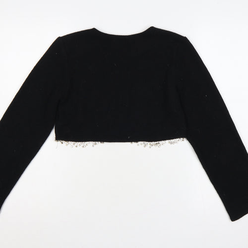Zara Women Black S Cropped Knit Jumper Silver Beaded Hem Long Sleeve