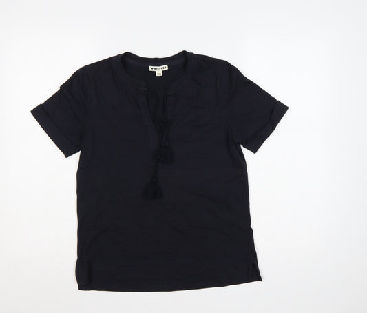 Whistles Women Black UK 8 Cotton Tassel Tie Tunic Blouse Short Sleeve
