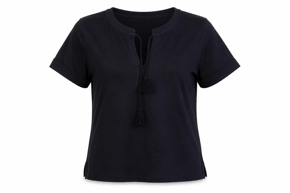 Whistles Women Black UK 8 Cotton Tassel Tie Tunic Blouse Short Sleeve