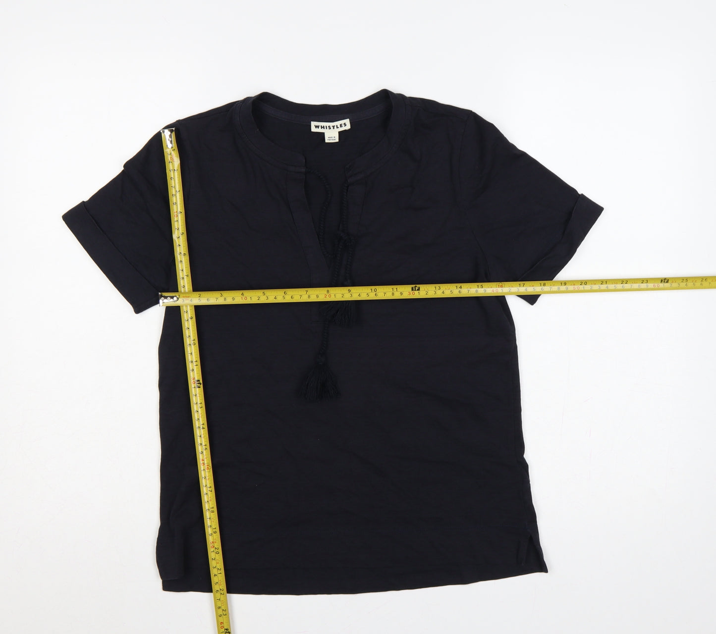 Whistles Women Black UK 8 Cotton Tassel Tie Tunic Blouse Short Sleeve