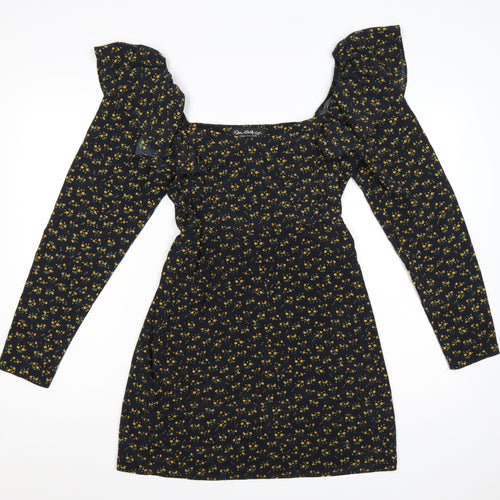 Miss Selfridge Women Black Floral UK 10 Fit & Flare Mini Dress