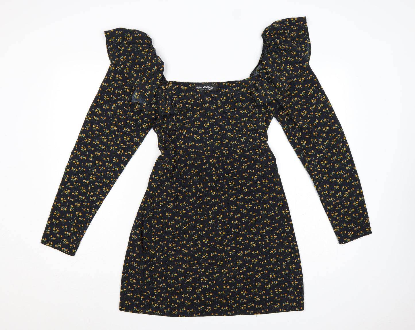 Miss Selfridge Women Black Floral UK 10 Fit & Flare Mini Dress
