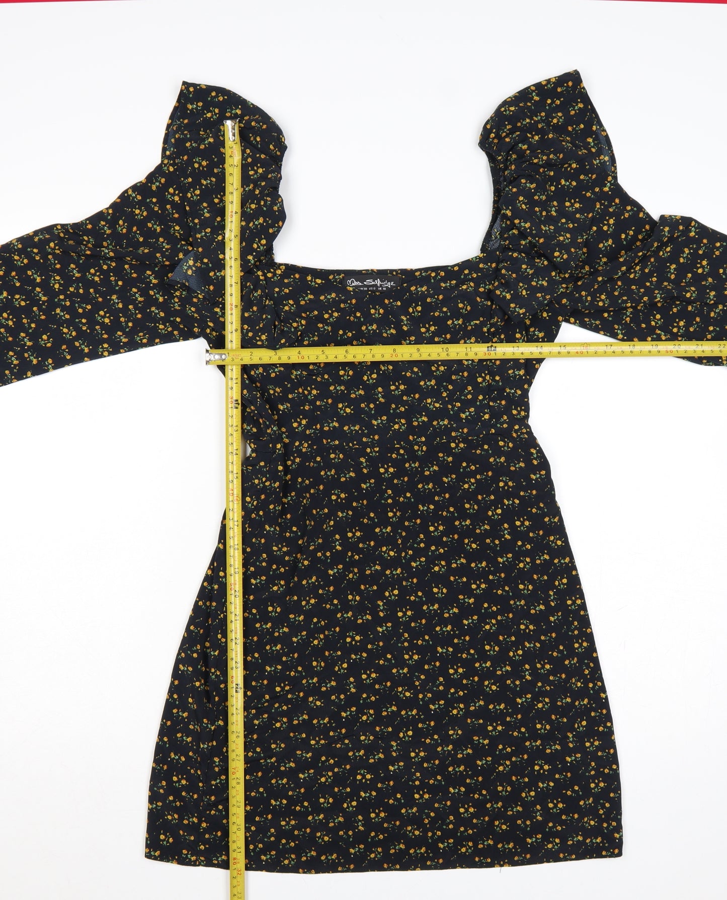 Miss Selfridge Women Black Floral UK 10 Fit & Flare Mini Dress