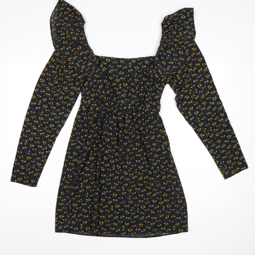 Miss Selfridge Women Black Floral UK 10 Fit & Flare Mini Dress