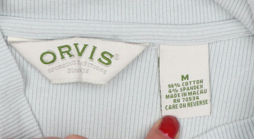 Orvis Women Blue M Ribbed Cotton Blend Short Sleeve Polo Top