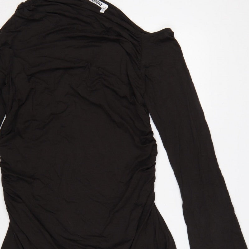 Weekday Women Black XL One Shoulder Ruched Long Sleeve Fit & Flare Dress