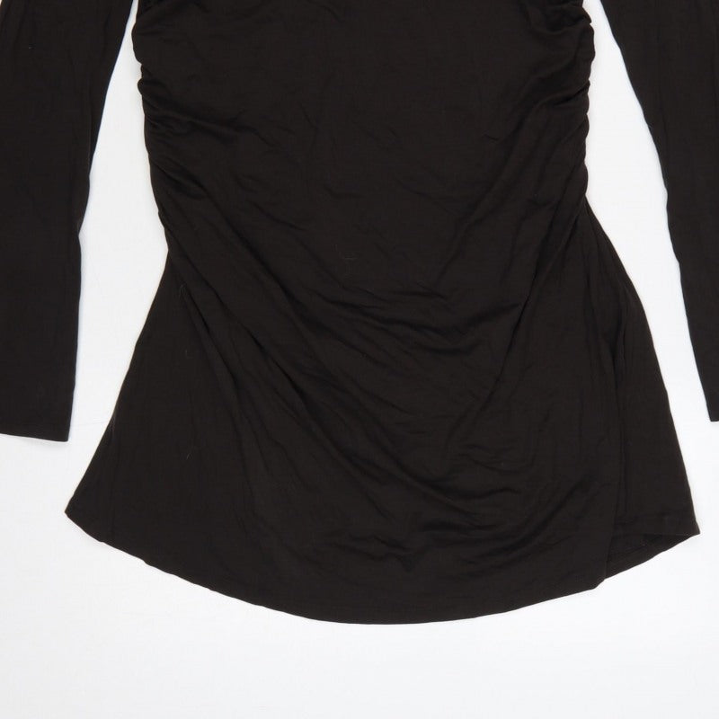 Weekday Women Black XL One Shoulder Ruched Long Sleeve Fit & Flare Dress