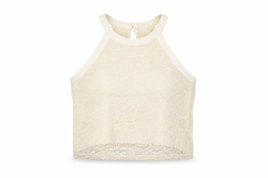 Front view of Hollister Women Ivory S Lace Halter Camisole Tank Top Stretch