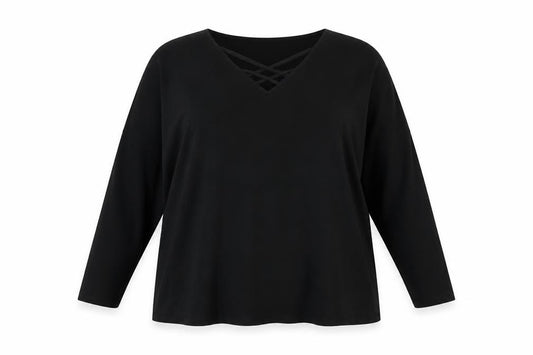 Front view of Simply Be Women’s Black, size UK 22, V-Neck Strap Detail 3/4 Sleeve Blouse