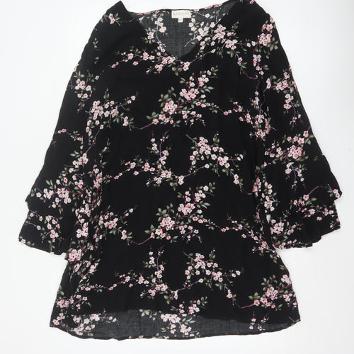 Apricot Women Black Floral UK 14 Fit & Flare V-Neck Bell Sleeve Dress