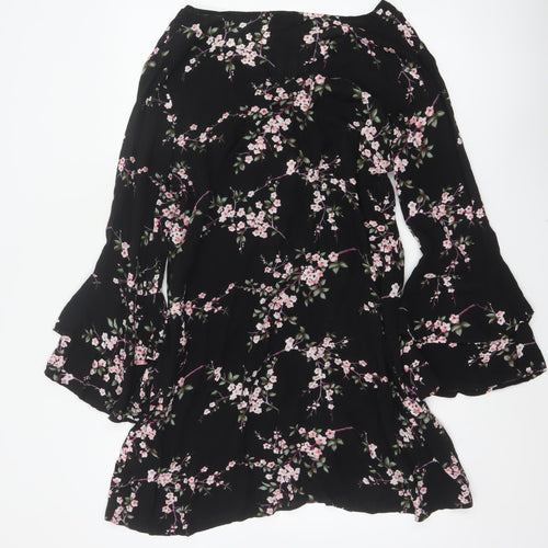 Apricot Women Black Floral UK 14 Fit & Flare V-Neck Bell Sleeve Dress