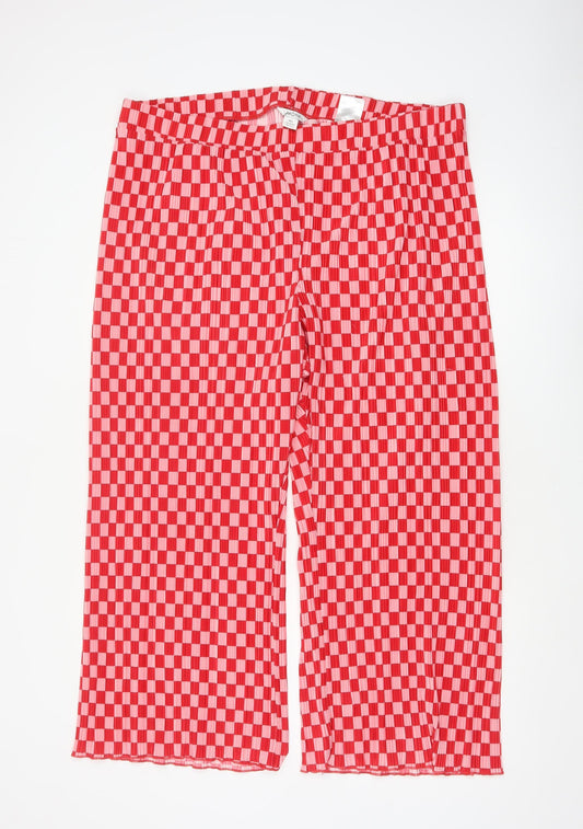Monki Women’s Red Pink Check Pleated Wide-Leg Trousers 2XL