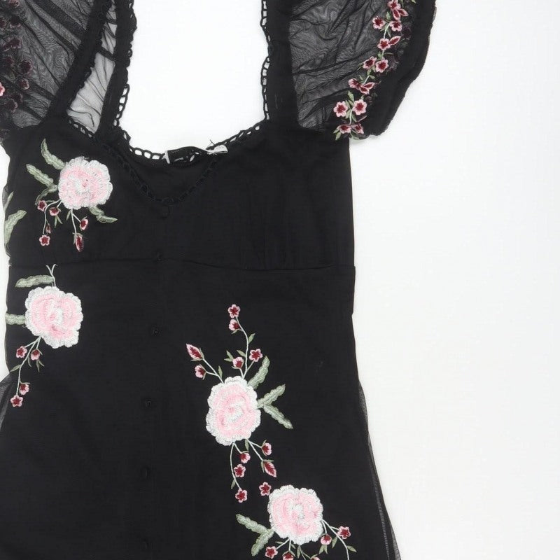 ASOS Design Women Black UK 6 Skater Dress Floral Embroidered Mesh