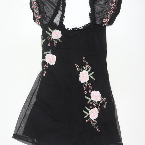 ASOS Design Women Black UK 6 Skater Dress Floral Embroidered Mesh