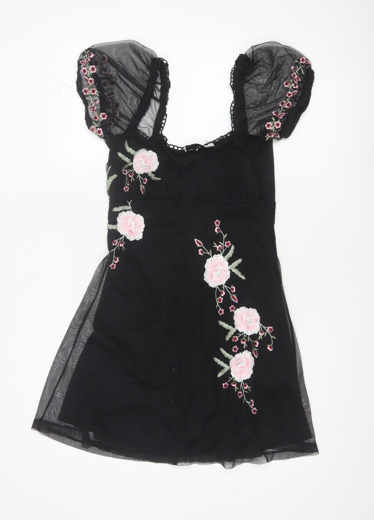 ASOS Design Women Black UK 6 Skater Dress Floral Embroidered Mesh
