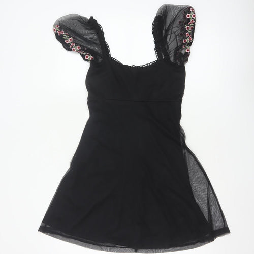 ASOS Design Women Black UK 6 Skater Dress Floral Embroidered Mesh