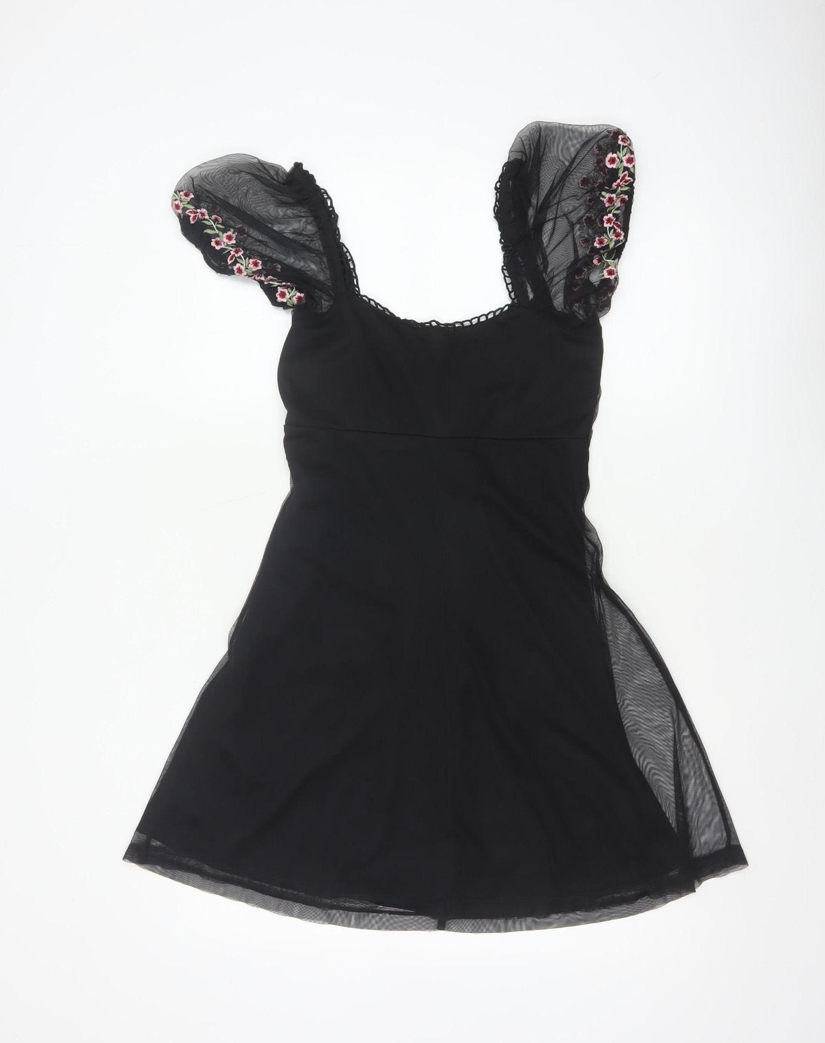 ASOS Design Women Black UK 6 Skater Dress Floral Embroidered Mesh