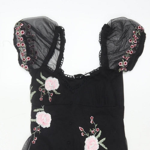 ASOS Design Women Black UK 6 Skater Dress Floral Embroidered Mesh