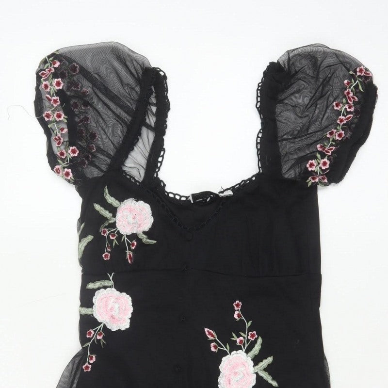 ASOS Design Women Black UK 6 Skater Dress Floral Embroidered Mesh