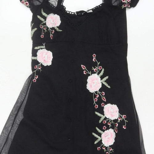 ASOS Design Women Black UK 6 Skater Dress Floral Embroidered Mesh