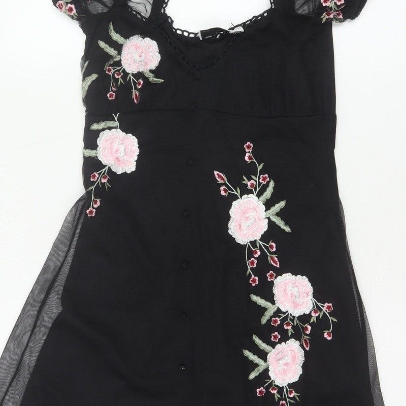 ASOS Design Women Black UK 6 Skater Dress Floral Embroidered Mesh
