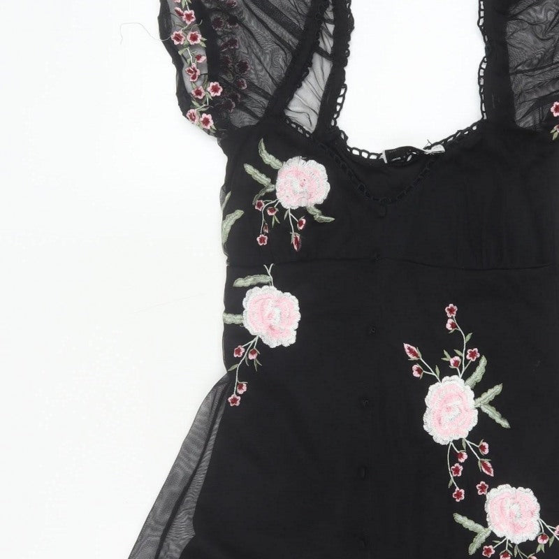 ASOS Design Women Black UK 6 Skater Dress Floral Embroidered Mesh
