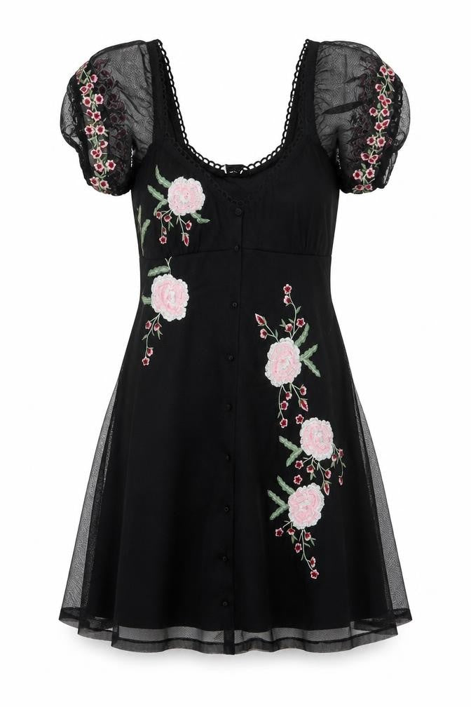 ASOS Design Women Black UK 6 Skater Dress Floral Embroidered Mesh