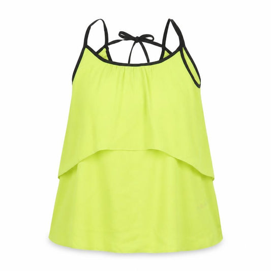 Front view of Cavida Women Yellow, size 12, Camisole Tank Top Black Trim Tie Back