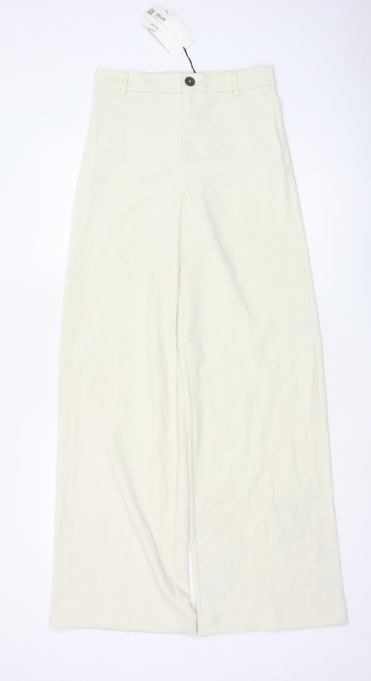 Zara Women Ivory S High Rise Wide Leg Tailored Trousers